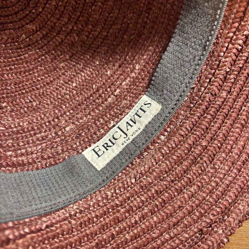 Eric Javits Woven Straw Cloche Bucket Hat Burgundy w Metallic Feather Brooch USA - Picture 6 of 10